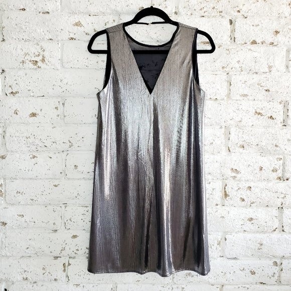 HYFVE Silver Metallic Mini Dress Shimmer Party Short Dress Womens Sz M - Picture 1 of 12